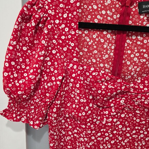Bardot Red White Floral Midi Dress – Size 8 / Medium – Puff Sleeve Ruched Front - Picture 6 of 9